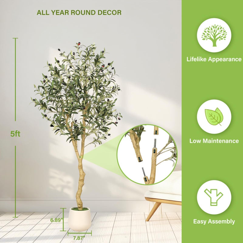 FEELEAD 5ft Faux Olive Tree Artificial Indoor with Planter - Realistic Potted Silk Olive Tree with Natural Looking Trunk, Fake Tree for Home Office Living Room Decor, Weighted Base - Image 3