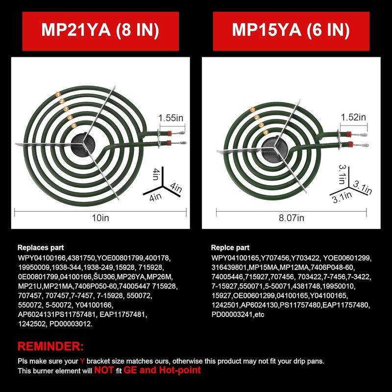 Vypart Stove Element Replacement for Aman.a Whirlpool Ke.nmore Electric Range Burner-MP22YA Electric Range Burner Element Set Includes 2Pcs 8-Inch MP21YA & 2Pc6-Inch MP15YA - Image 4