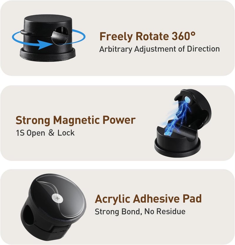 AGPtek 8 Pack Magnetic Cable Clips, Upgraded 360° Rotatable Cord Holder Clips Desk Cord Organizer Adhesive Wire Management for Nightstand Office Phone Charging Cords USB Cable Keeper (Black) - Image 3