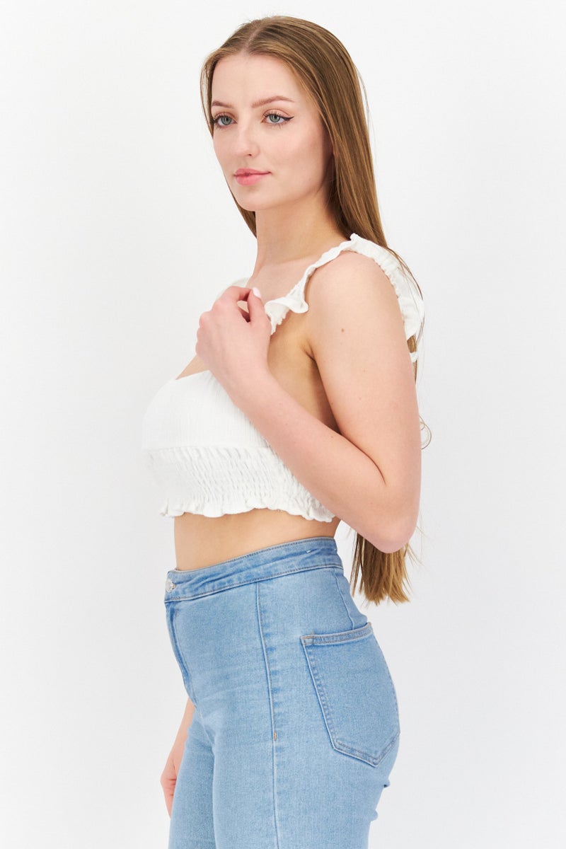 Pull & Bear Women Square Neck Sleeveless Ruffled Crop Top, White  - Image 2
