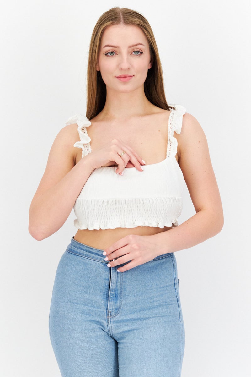 Pull & Bear Women Square Neck Sleeveless Ruffled Crop Top, White  - Image 1