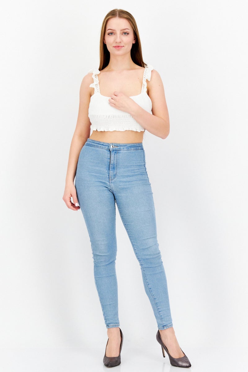 Pull & Bear Women Square Neck Sleeveless Ruffled Crop Top, White  - Image 4