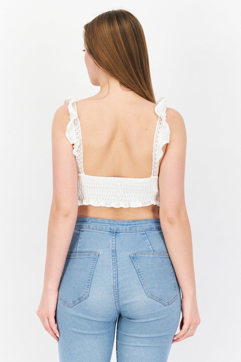 Pull & Bear Women Square Neck Sleeveless Ruffled Crop Top, White  - Image 3