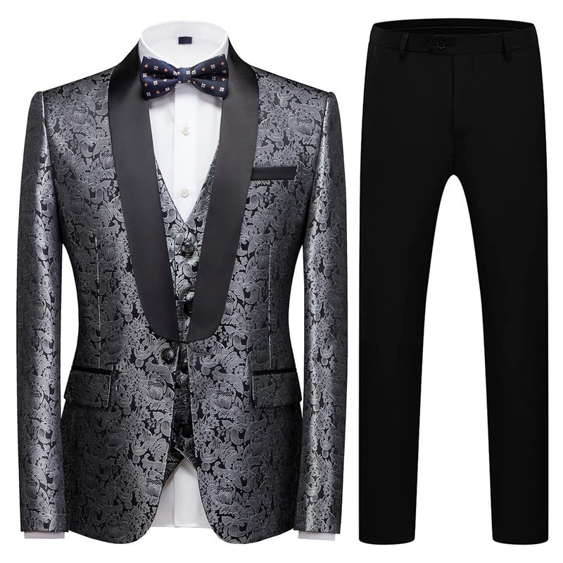 Mens Tuxedo Suits Slim Fit 3 Piece Formal Skinny Tuxedo Suit Set Shawl Lapel Paisley Suits Men for Wedding Prom Silver