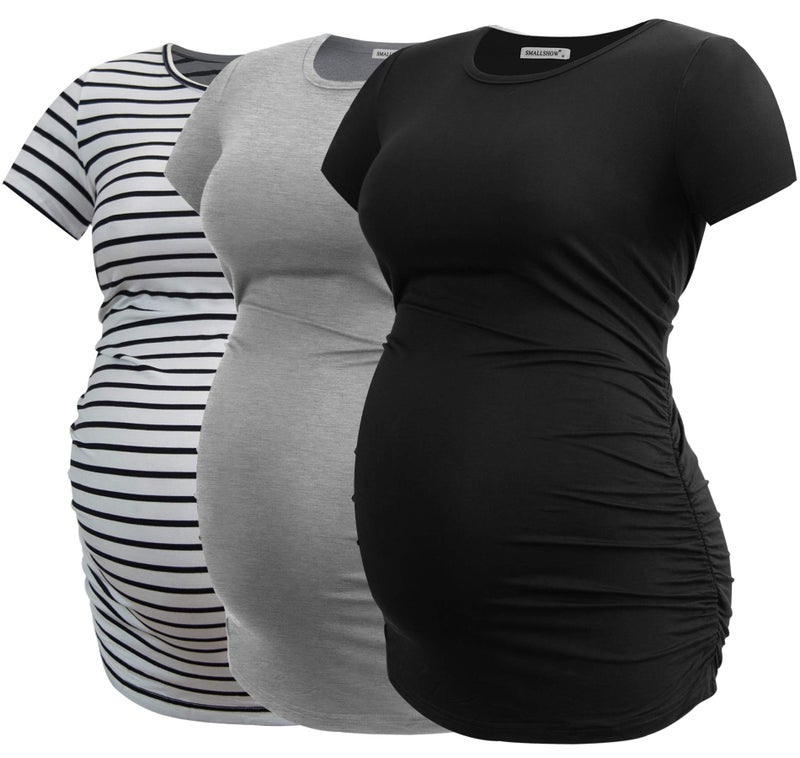Smallshow Womens Maternity Shirt Side Ruched Tunic Pregnancy Top Clothes 3Pack BlackLight GreyWhite Stripe XLarge
