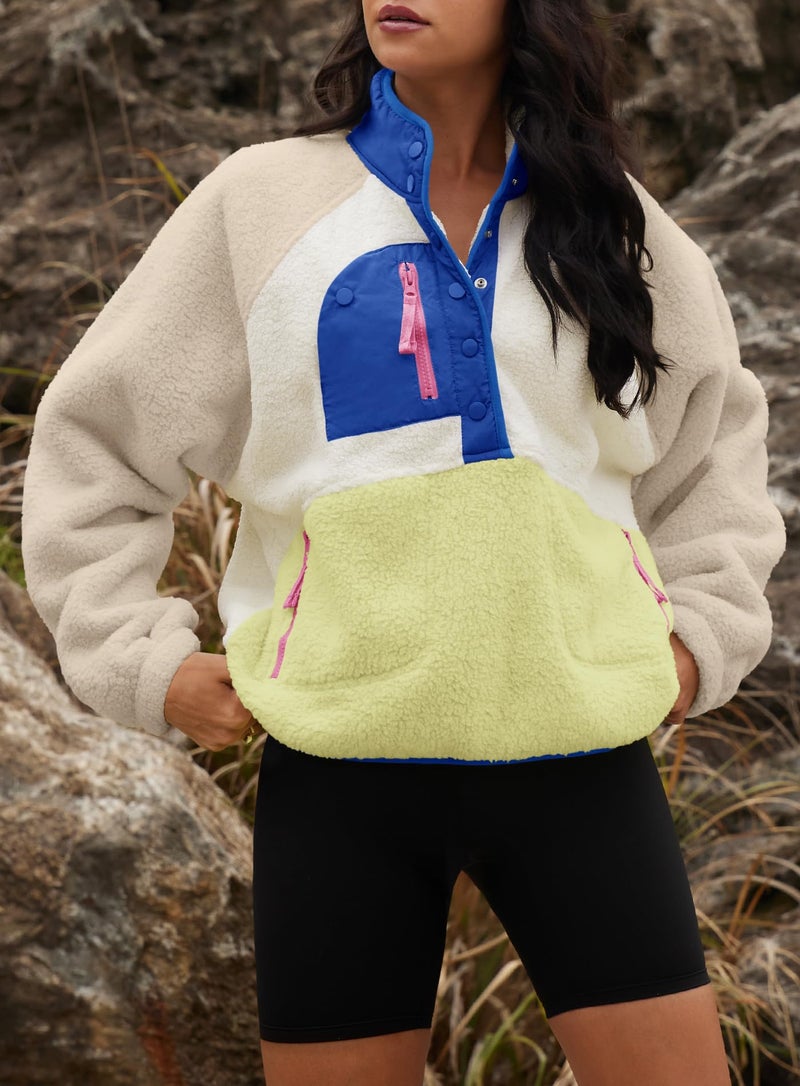 Yanekop Womens Fuzzy Fleece Pullover Sherpa Sweatshirt Long Sleeve Button Down Sweater Winter Fleece Jacket with Pockets(Beige Khaki Blue,L) - Image 5
