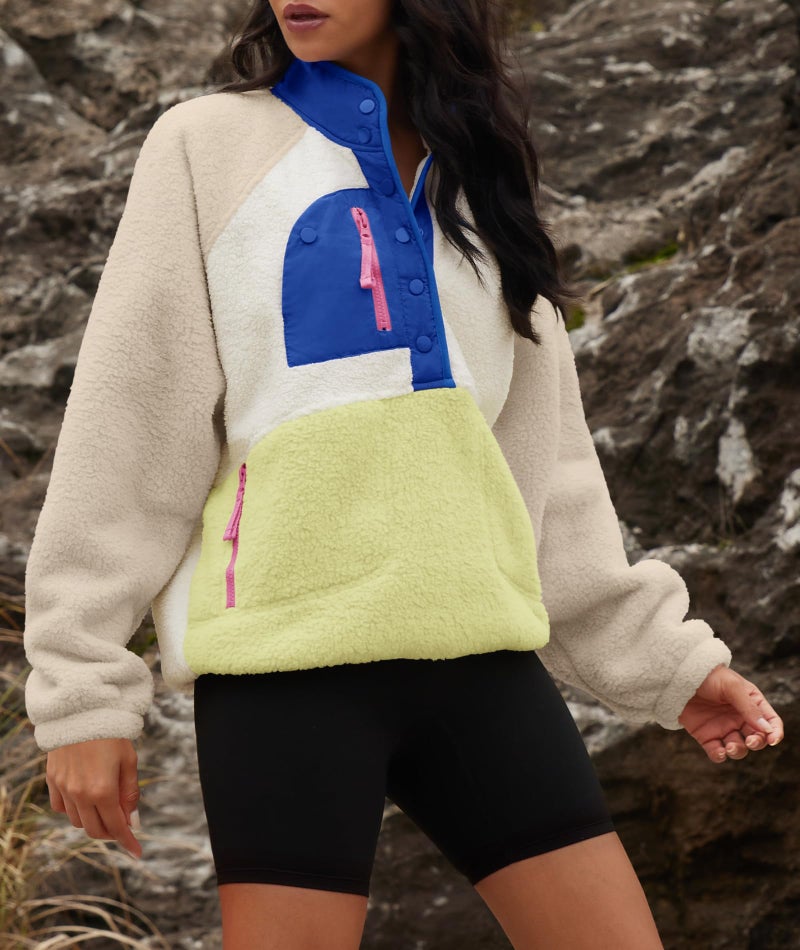 Yanekop Womens Fuzzy Fleece Pullover Sherpa Sweatshirt Long Sleeve Button Down Sweater Winter Fleece Jacket with Pockets(Beige Khaki Blue,L) - Image 4