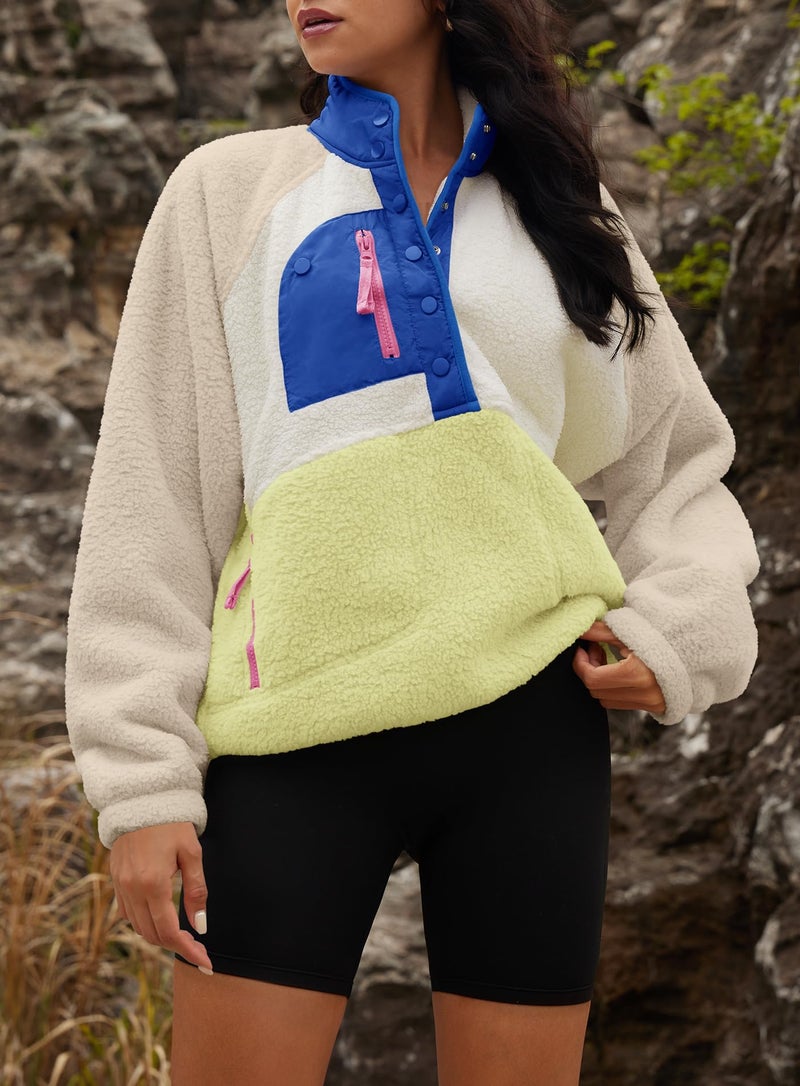 Yanekop Womens Fuzzy Fleece Pullover Sherpa Sweatshirt Long Sleeve Button Down Sweater Winter Fleece Jacket with Pockets(Beige Khaki Blue,L) - Image 3