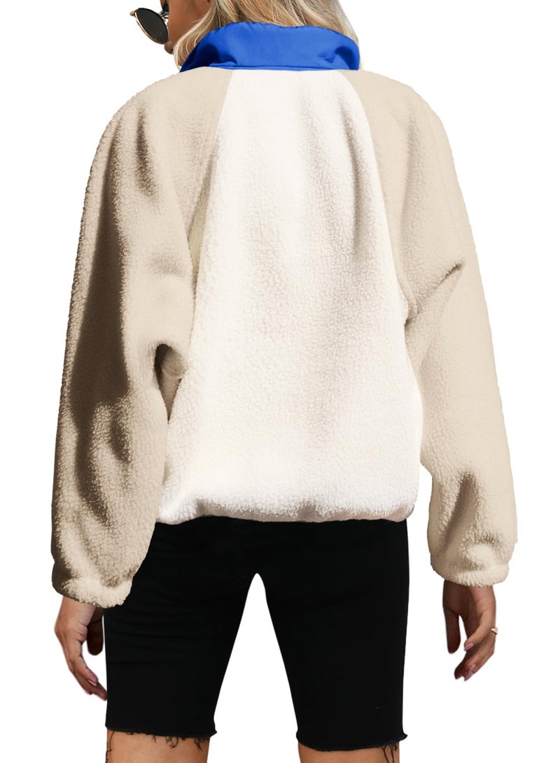 Yanekop Womens Fuzzy Fleece Pullover Sherpa Sweatshirt Long Sleeve Button Down Sweater Winter Fleece Jacket with Pockets(Beige Khaki Blue,L) - Image 2