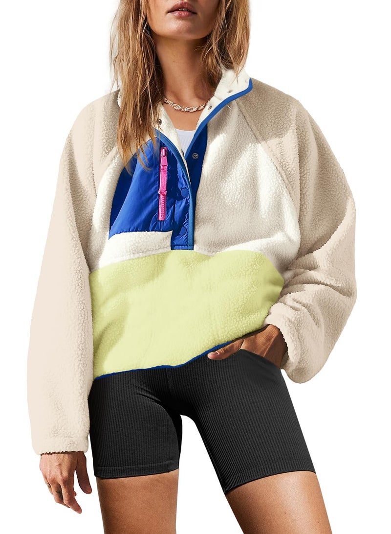 Yanekop Womens Fuzzy Fleece Pullover Sherpa Sweatshirt Long Sleeve Button Down Sweater Winter Fleece Jacket with Pockets(Beige Khaki Blue,L) - Image 1