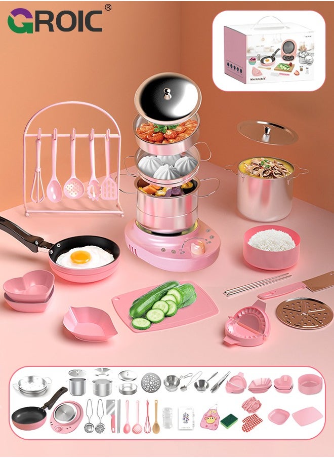 GROIC 35PCS Kid Cooking Set,Montessori Kitchen Tools,Utensils includes Stove Burner Aprons Cooking Tool for Real Food Making,Play Food Set for Kids Kitchen,Play Kitchen Appliances(Pink)  - Image 1