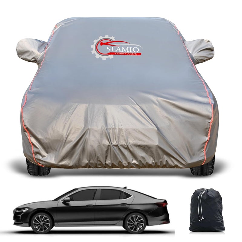 Slamio Heavy-Duty Car Body Cover for Skoda Superb | Waterproof, Dustproof, UV Protection, Custom Fit, Heavy Belt & Buckle with Mirror & Antenna Pocket | Dark Grey - Image 1