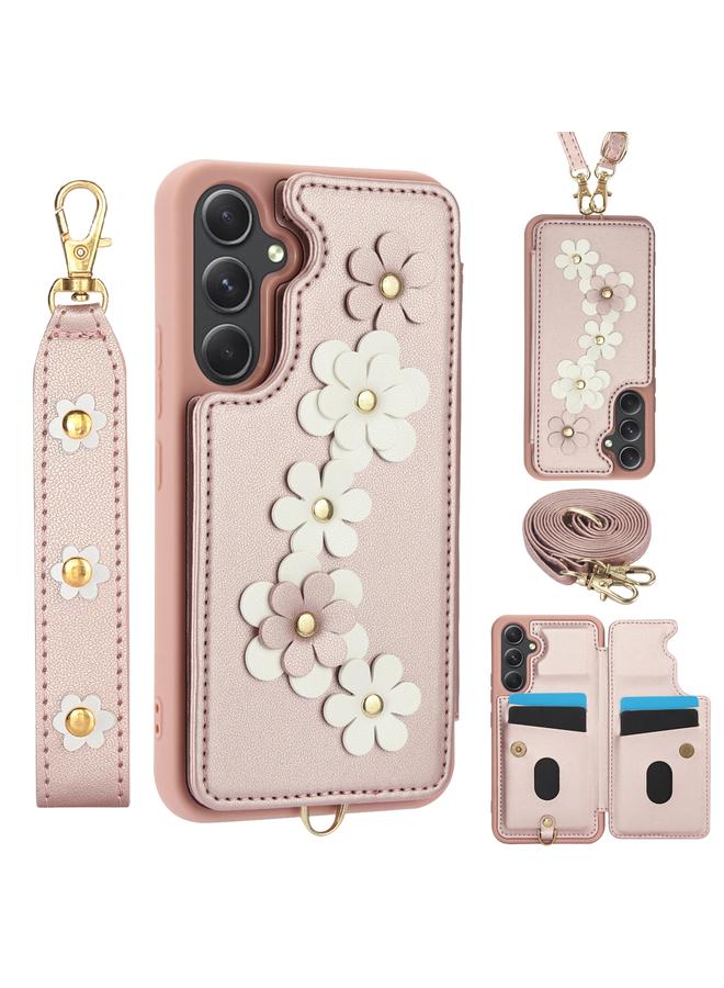 اس-توب جراب هاتف Samsung Galaxy A15 Crossbody من الجلد بنمط زهور - Image 1
