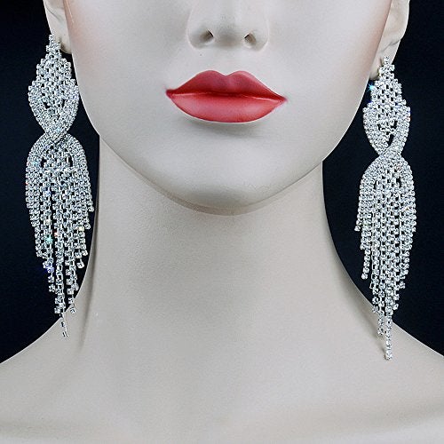 CHRAN Silver Rhinestone Long Tassels Dangle Chandelier Earrings Jewelry Size 3.5" - Image 3