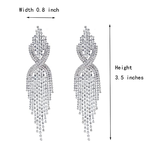 CHRAN Silver Rhinestone Long Tassels Dangle Chandelier Earrings Jewelry Size 3.5" - Image 4