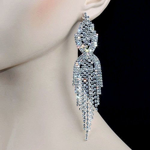 CHRAN Silver Rhinestone Long Tassels Dangle Chandelier Earrings Jewelry Size 3.5" - Image 2