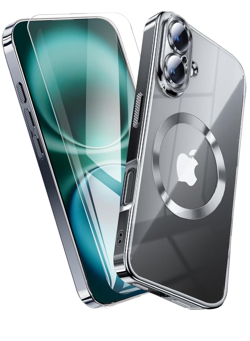 ELTRAZONE حافظة تيتانيوم شفافة لجهاز آيفون 16 بلس – غلاف TPU ناعم لامع معدني مع واقي شاشة وحماية كاملة للكاميرا، متوافق مع MagSafe – أسود - Image 1