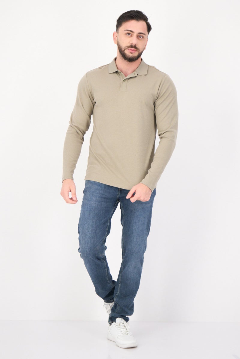 Selected Homme Men Regular Fit Long Sleeve Plain Polo Shirt, Khaki  - Image 4