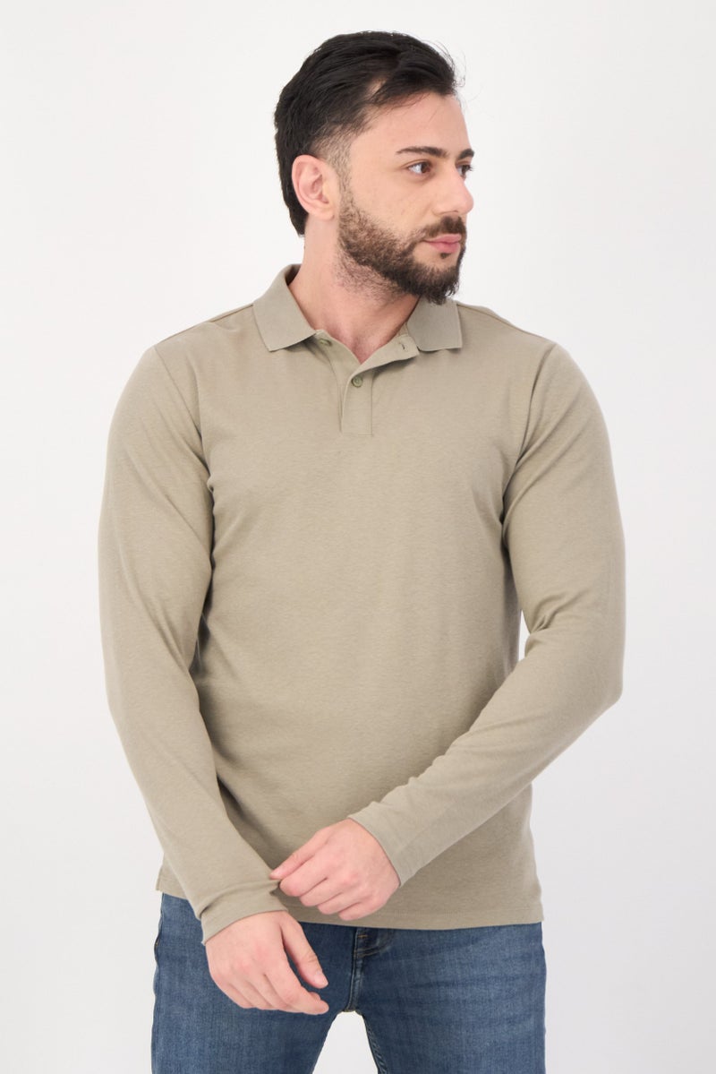 Selected Homme Men Regular Fit Long Sleeve Plain Polo Shirt, Khaki  - Image 1