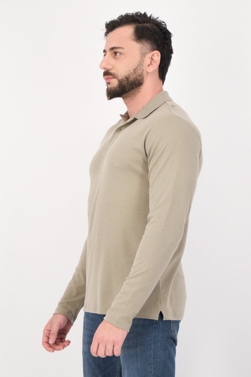 Selected Homme Men Regular Fit Long Sleeve Plain Polo Shirt, Khaki  - Image 3