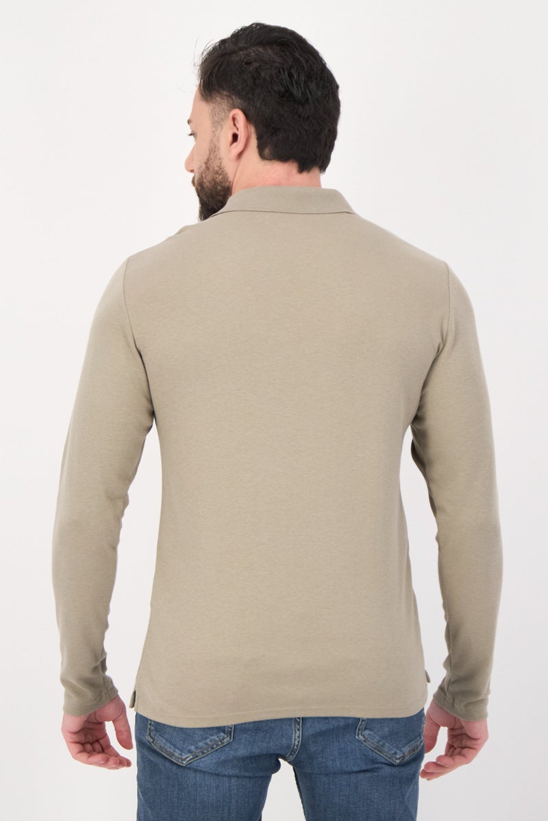 Selected Homme Men Regular Fit Long Sleeve Plain Polo Shirt, Khaki  - Image 2