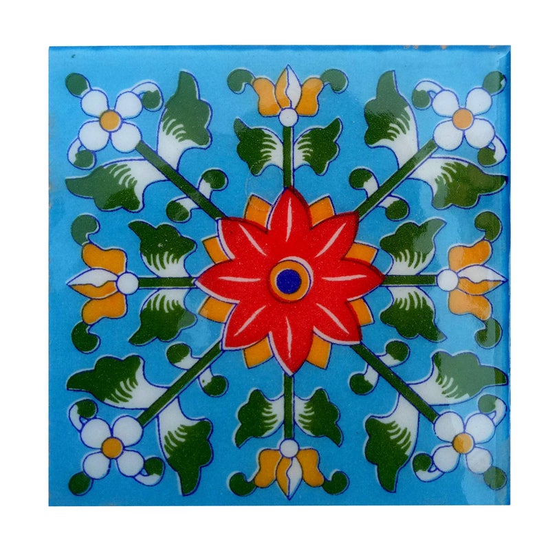 Shiv Kripa Blue Pottery Home Decor Ceramic Wall Tile Flooring Tiles Designer Floral Kitchen Washroom Mosaic Furniture Tile Handmade Backsplash 4 x 4 Inch Pack of 6 Tiles (Multi) - Image 3