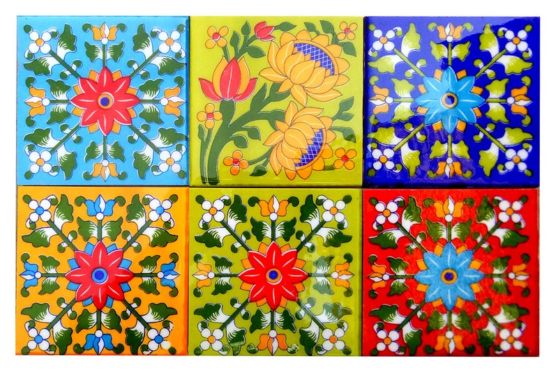 Shiv Kripa Blue Pottery Home Decor Ceramic Wall Tile Flooring Tiles Designer Floral Kitchen Washroom Mosaic Furniture Tile Handmade Backsplash 4 x 4 Inch Pack of 6 Tiles (Multi) - Image 1