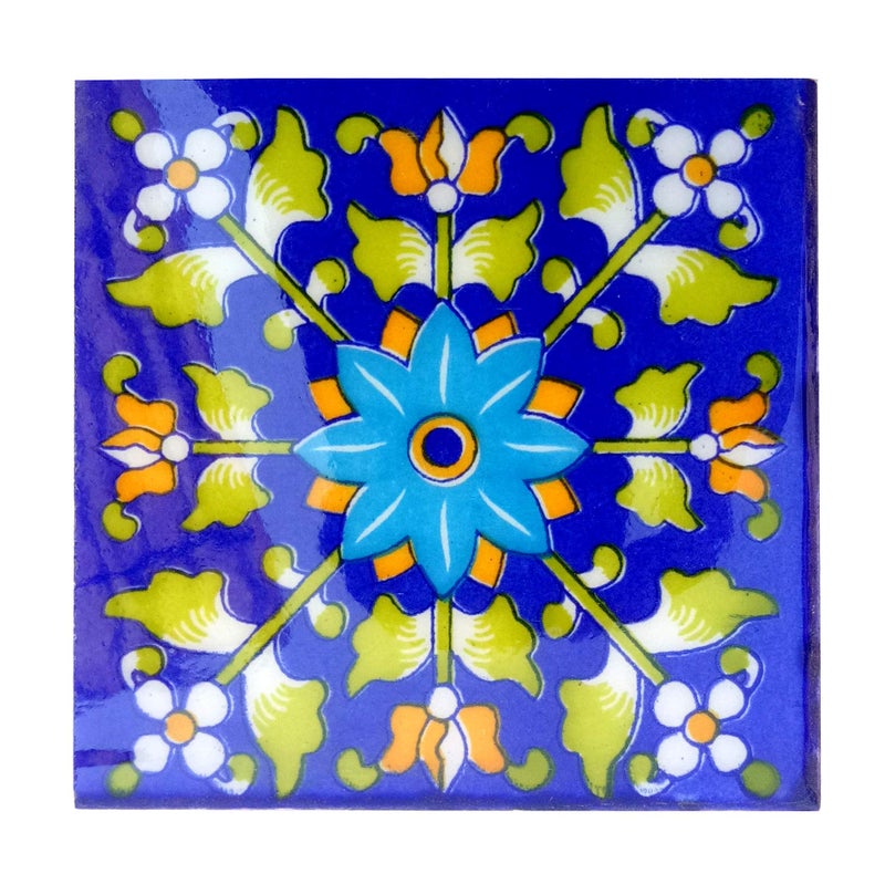 Shiv Kripa Blue Pottery Home Decor Ceramic Wall Tile Flooring Tiles Designer Floral Kitchen Washroom Mosaic Furniture Tile Handmade Backsplash 4 x 4 Inch Pack of 6 Tiles (Multi) - Image 2