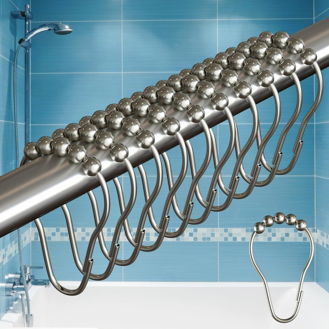 BIGFOOT SHOWER CURTAIN HOOKS DURABLE STAINLESS STEEL RUST RESISTANT EASY INSTALLATION SMOOTH GLIDE FITS STANDARD SHOWER RODS METAL CURTAIN RINGS 12 PIECES NICKEL COLOR