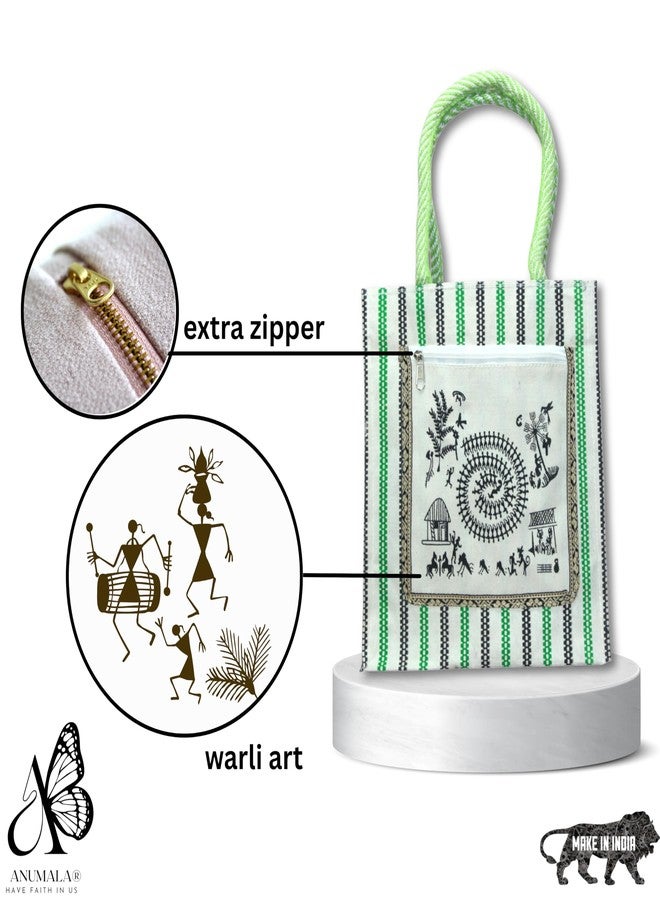Anumala® Eco-Friendly Canvas Bag with Warli Art - 11x6x12 inch - Multipurpose Tote for Shopping, Grocery, Gifting & Daily Use - Handcrafted Reusable Bag with Zip Pocket (2) - Image 5
