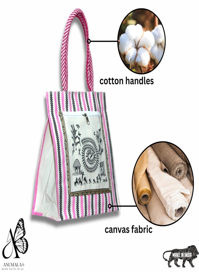 Anumala® Eco-Friendly Canvas Bag with Warli Art - 11x6x12 inch - Multipurpose Tote for Shopping, Grocery, Gifting & Daily Use - Handcrafted Reusable Bag with Zip Pocket (2) - Image 4