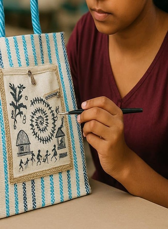 Anumala® Eco-Friendly Canvas Bag with Warli Art - 11x6x12 inch - Multipurpose Tote for Shopping, Grocery, Gifting & Daily Use - Handcrafted Reusable Bag with Zip Pocket (2) - Image 2