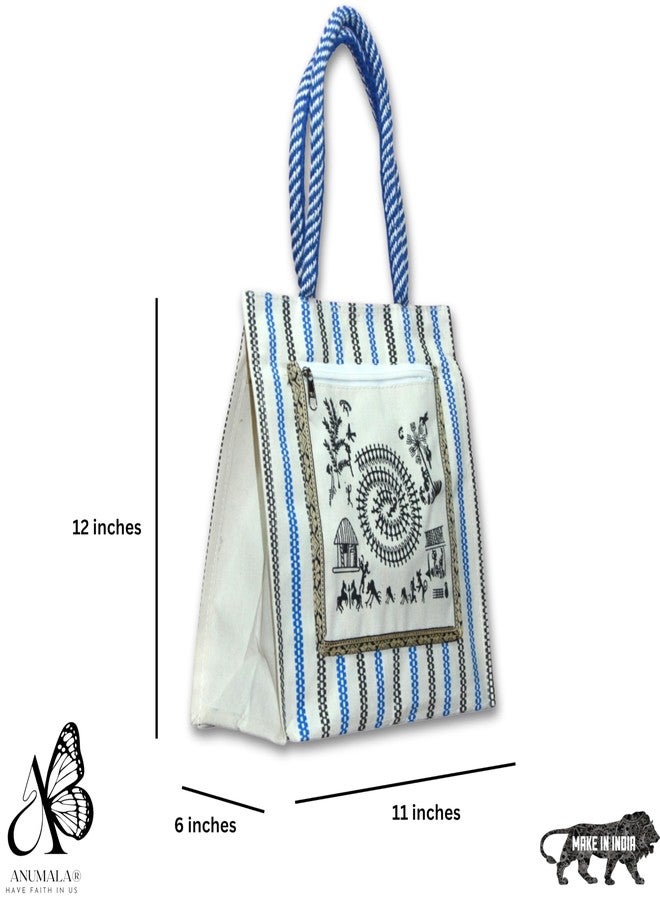 Anumala® Eco-Friendly Canvas Bag with Warli Art - 11x6x12 inch - Multipurpose Tote for Shopping, Grocery, Gifting & Daily Use - Handcrafted Reusable Bag with Zip Pocket (2) - Image 3