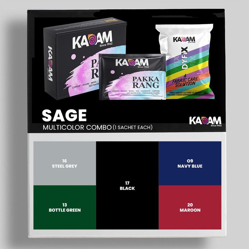 KADAM (LABEL) Kadam Pakka Rang Multicolour Combo Sage 5 Multicolour Sachet 5g each Includes DyFix Color Fixer 5 Sachets Permanent Fabric Dye Colors for Faded Clothes Applicable on Cotton Nylon Silk Wool Georgette Chiffon Denim Jute