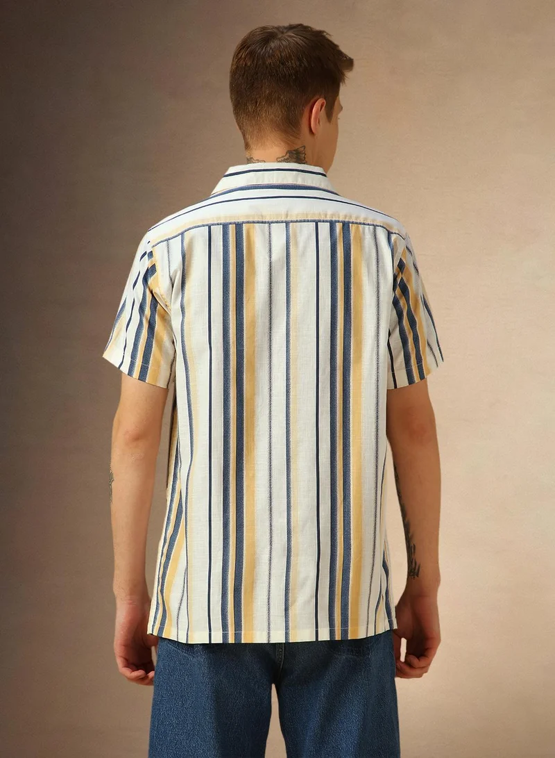 Dennis Lingo Men's Yellow 100% Cotton Striped Relaxed Fit Shirt