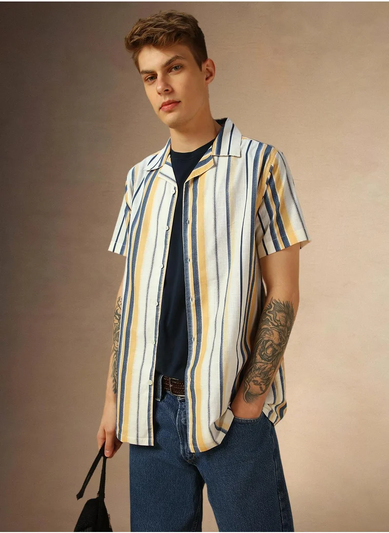 دينيس لينغو Men's Yellow 100% Cotton Striped Relaxed Fit Shirt