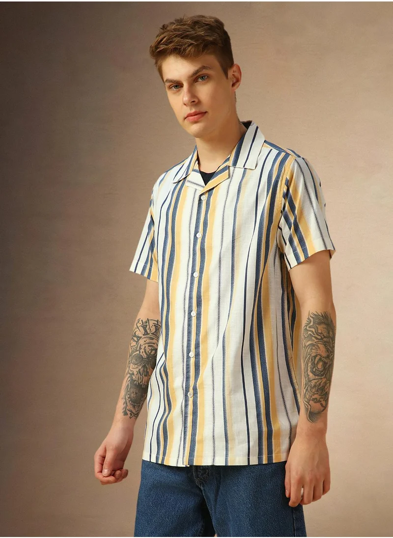 دينيس لينغو Men's Yellow 100% Cotton Striped Relaxed Fit Shirt