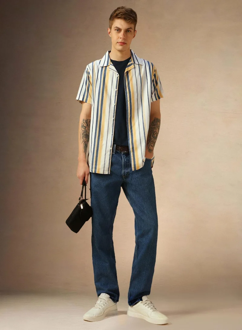 Dennis Lingo Men's Yellow 100% Cotton Striped Relaxed Fit Shirt