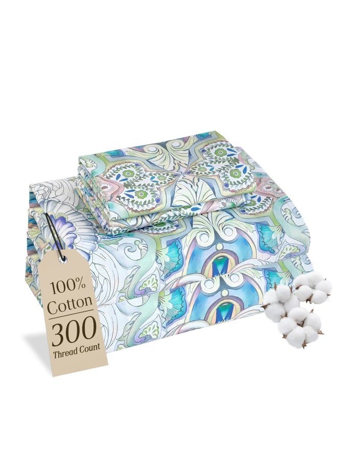 M&Co 100% Cotton Sheet Set Floral Printed, 300 Thread Count Cotton Queen Sheet Set, 16" Deep Pocket, Breathable Cooling Sheets 4 Pieces (Queen, Paisley) - Image 1