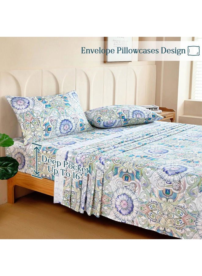 M&Co 100% Cotton Sheet Set Floral Printed, 300 Thread Count Cotton Queen Sheet Set, 16" Deep Pocket, Breathable Cooling Sheets 4 Pieces (Queen, Paisley) - Image 4
