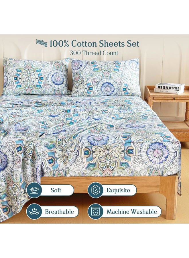 M&Co 100% Cotton Sheet Set Floral Printed, 300 Thread Count Cotton Queen Sheet Set, 16" Deep Pocket, Breathable Cooling Sheets 4 Pieces (Queen, Paisley) - Image 3