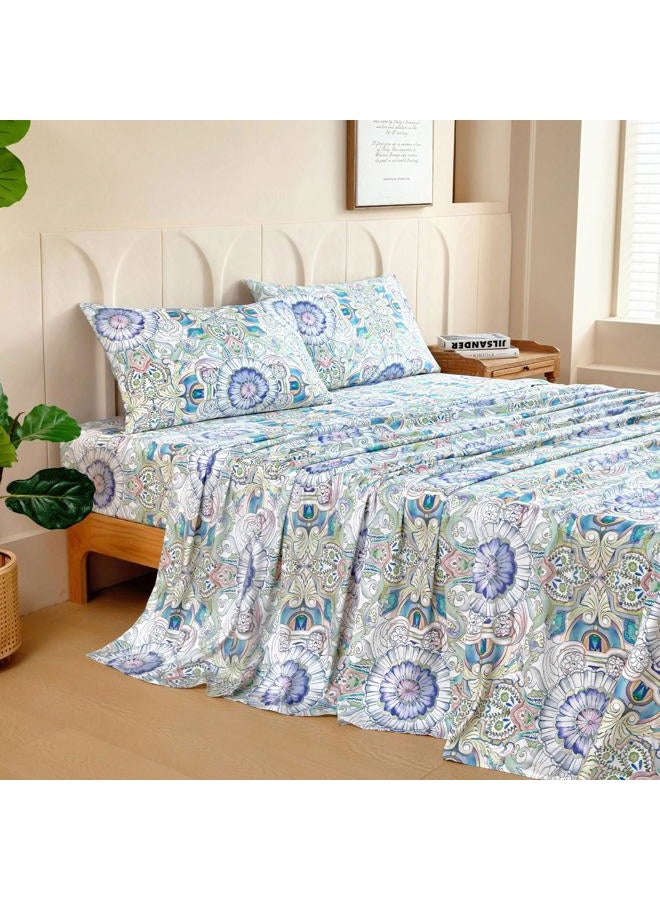 M&Co 100% Cotton Sheet Set Floral Printed, 300 Thread Count Cotton Queen Sheet Set, 16" Deep Pocket, Breathable Cooling Sheets 4 Pieces (Queen, Paisley) - Image 2