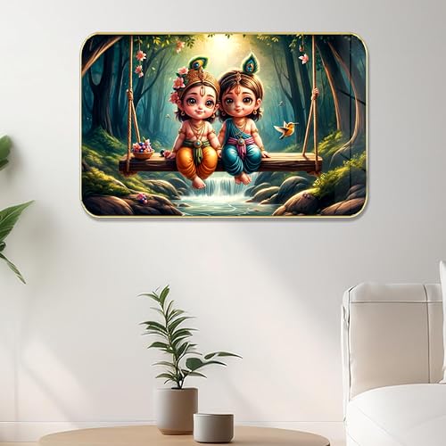 Masstone Radha Krishna Crystal Embedded High Gloss Wall Painting, Golden Slim Frame, 45x30 Cm Wall Art for Living Room, Bedroom, Office & Home Décor (HG05) - Image 1