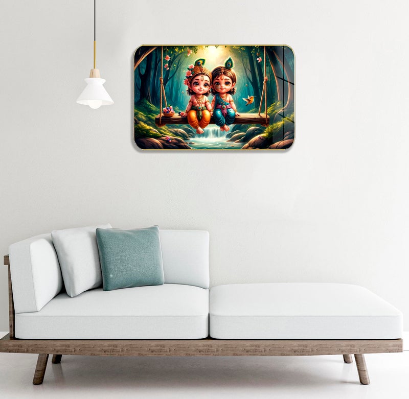 Masstone Radha Krishna Crystal Embedded High Gloss Wall Painting, Golden Slim Frame, 45x30 Cm Wall Art for Living Room, Bedroom, Office & Home Décor (HG05) - Image 3