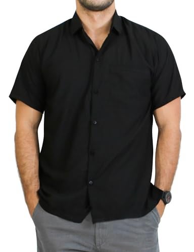 LA LEELA Mens Short Sleeve Button Down Solid Shirt Casual Camp Shirts for Men Summer Beach Business Vacation Work Shirt Tees with Pocket L Black Plain - Image 2
