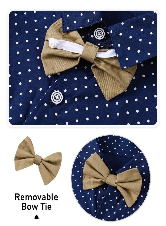 YALLET Boys Long Sleeve Shirts Button Down Print Dress Wedding Outfits Formal Casual Clothes with Bow Tie 5-10T, Navy Blue, 5-6 Years - Image 3