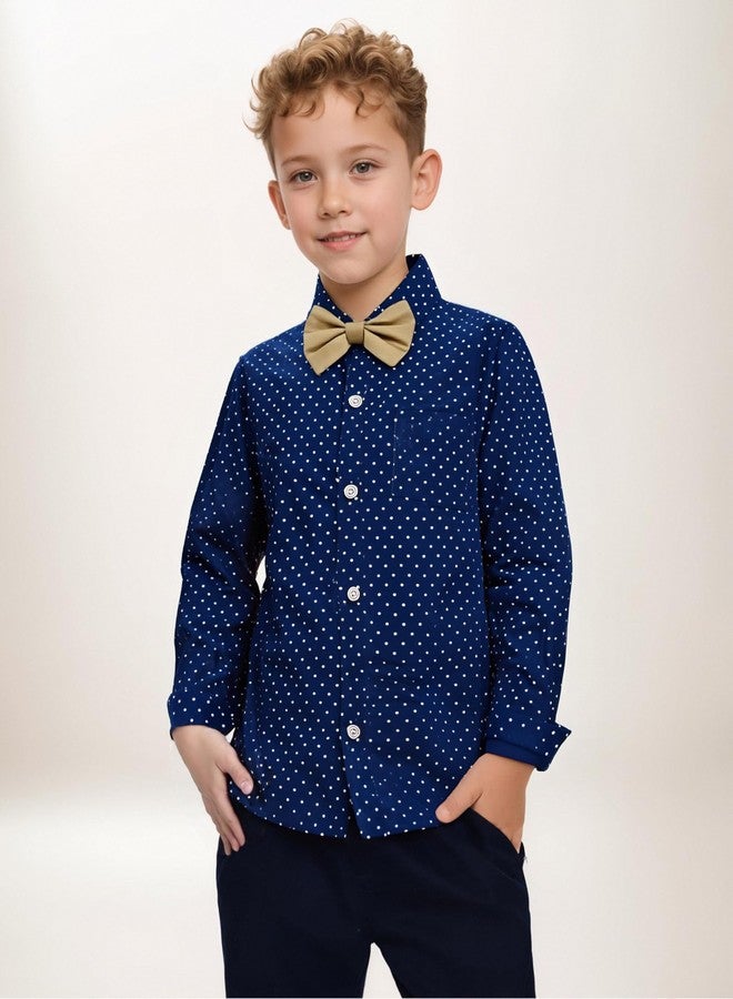 YALLET Boys Long Sleeve Shirts Button Down Print Dress Wedding Outfits Formal Casual Clothes with Bow Tie 5-10T, Navy Blue, 5-6 Years - Image 2
