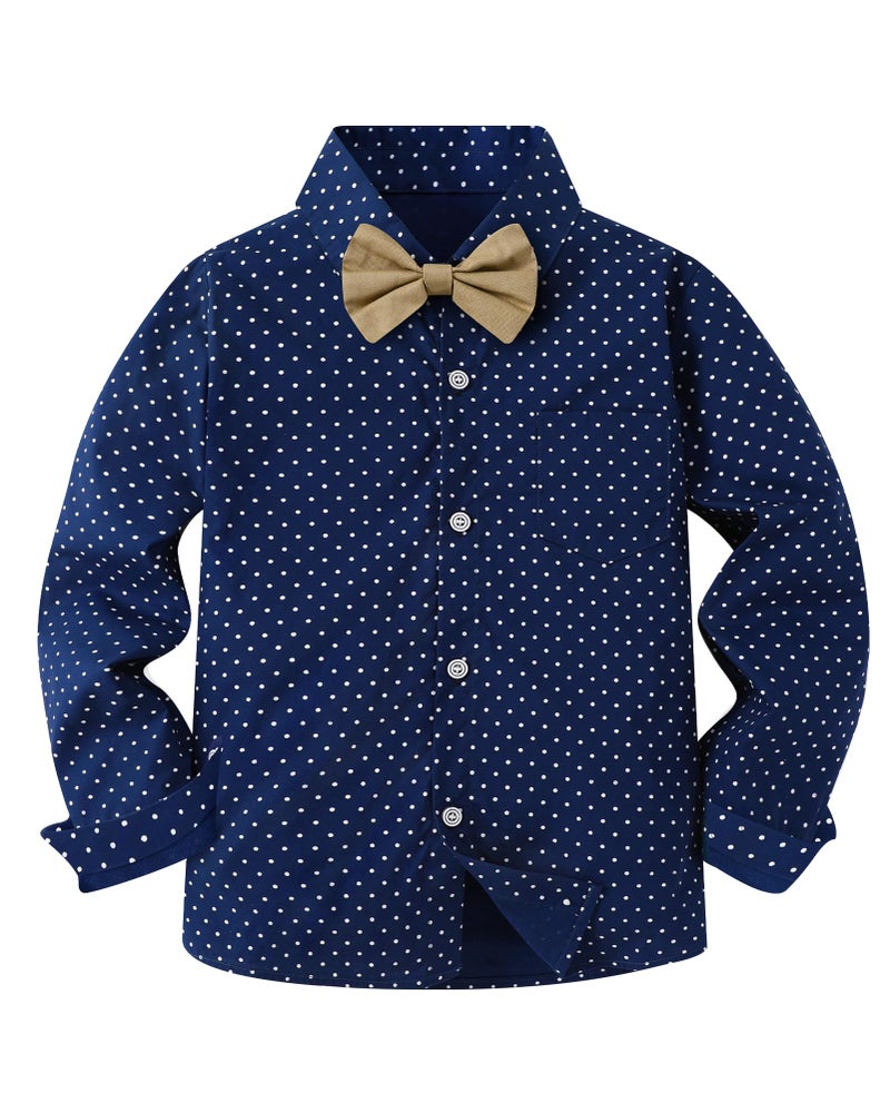 YALLET Boys Long Sleeve Shirts Button Down Print Dress Wedding Outfits Formal Casual Clothes with Bow Tie 5-10T, Navy Blue, 5-6 Years - Image 1
