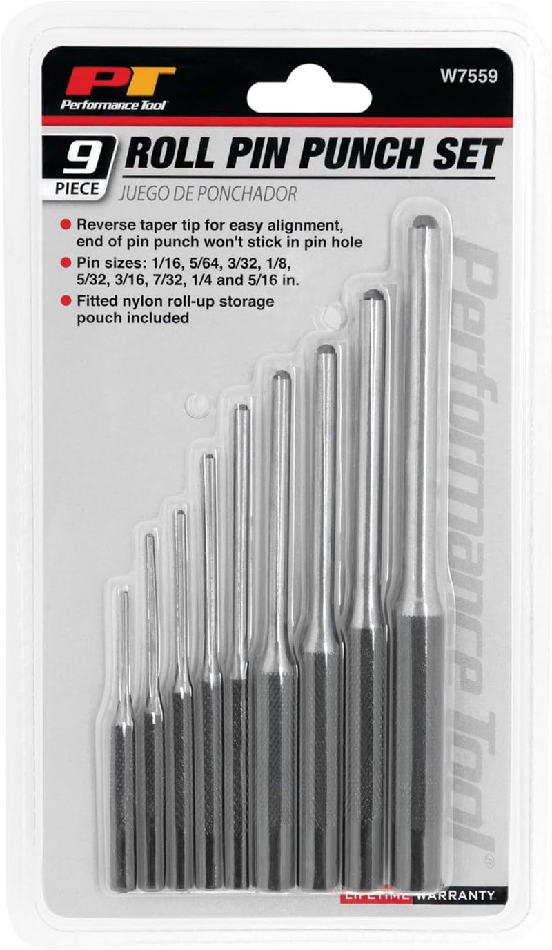 Performance Tool W7559 9 Piece Roll Pin Punch Set with Storage Pouch - Heat Treated Steel, Knurled Grip, Reverse Taper Tip, Multiple Pin Sizes - Image 2
