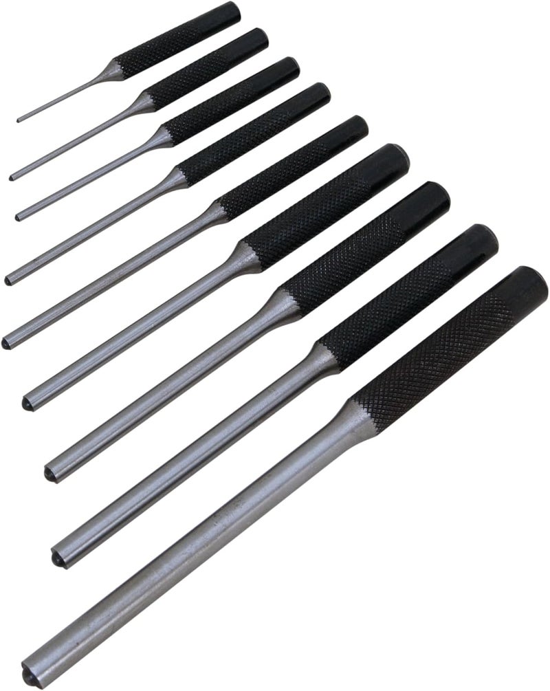 Performance Tool W7559 9 Piece Roll Pin Punch Set with Storage Pouch - Heat Treated Steel, Knurled Grip, Reverse Taper Tip, Multiple Pin Sizes - Image 1
